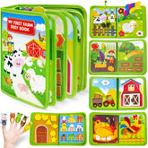 Gagule busy book front cover showing bright farm scenes and durable felt benefits
