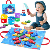 Gagule front packaging showing the full 22-piece Montessori fishing set and benefits
