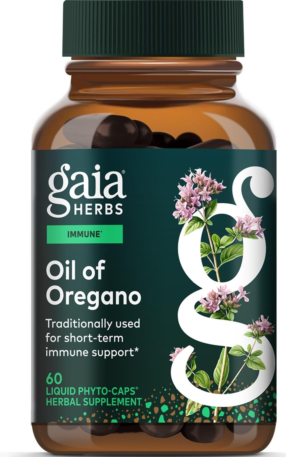 Gaia Herbs bottle front showing Oil of Oregano label and benefits