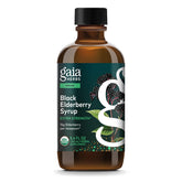 Gaia Herbs front bottle view showing elderberry syrup and clear labeling benefit: easy dosing