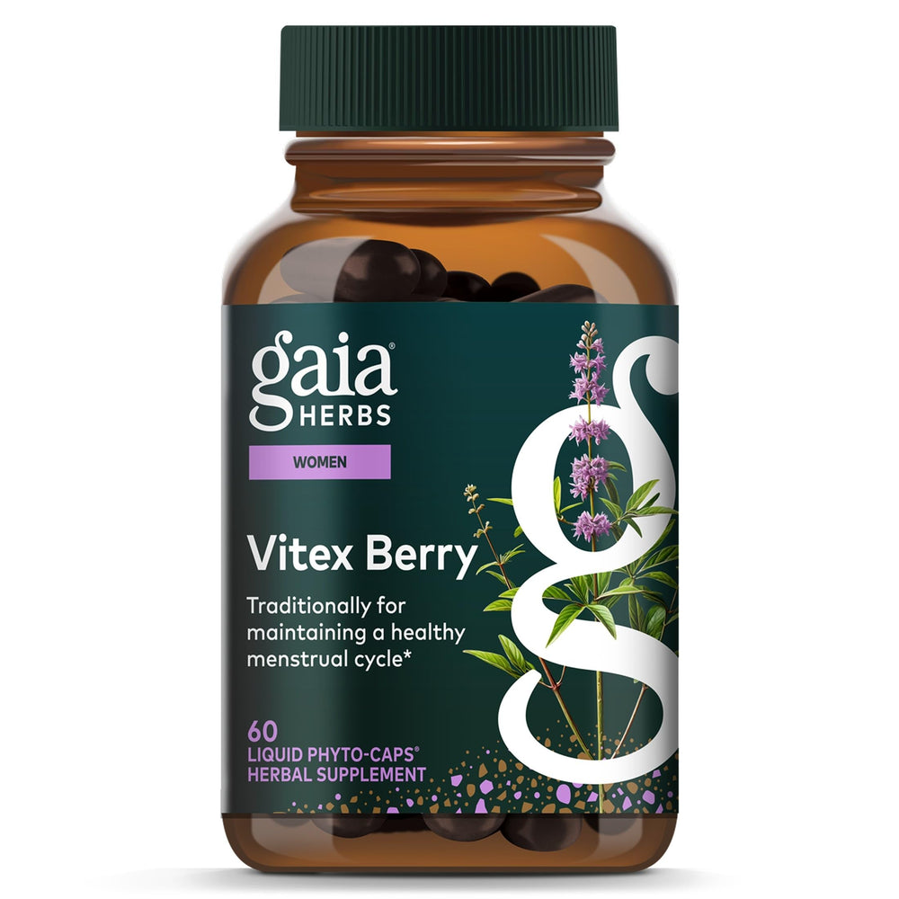 Gaia Herbs bottle front view showing vitex berry capsules and clear branding benefits quality