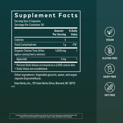 Gaia Herbs product label close-up highlighting vitex 1000 mg and organic sourcing benefits