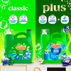 Gain Plus close-up label highlighting Oxi badge and enhanced stain removal benefit