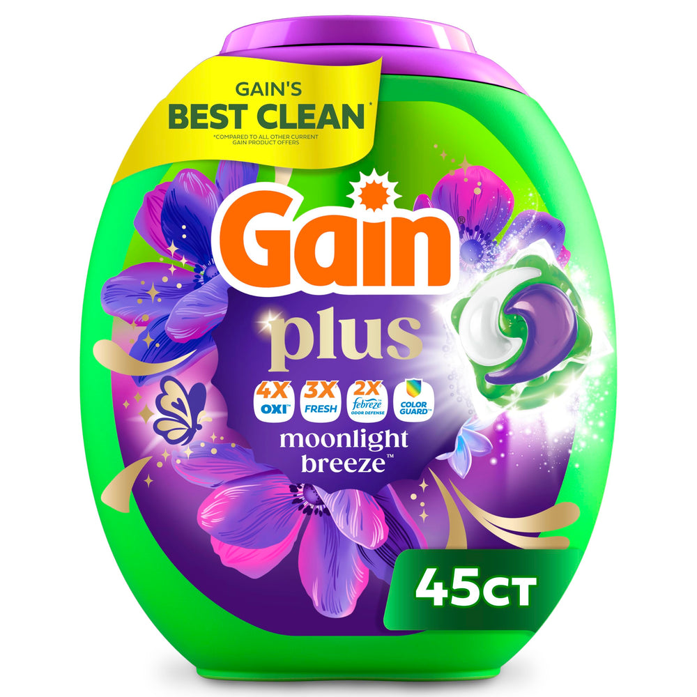 Gain tub front view showing Moonlight Breeze scent and 45-count benefit
