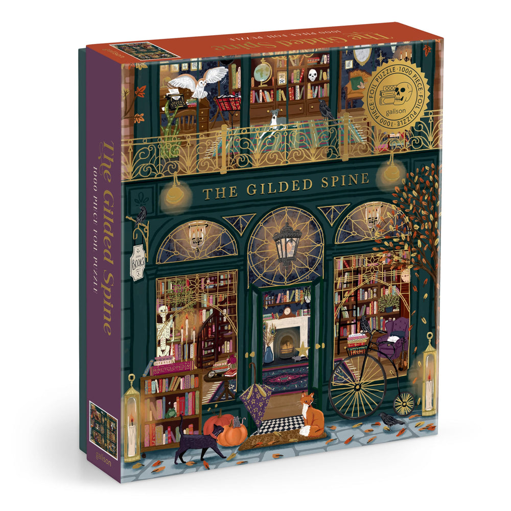 Galison box front showing the gilded bookstore scene and included insert for guidance