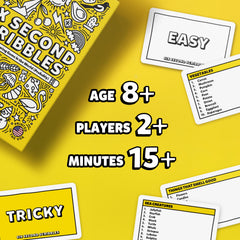 Gamely game components close-up with pencils and category cards for instant play