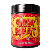 Gamer Supps front tub showing Raw Meat label and 100 servings benefit
