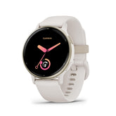 Garmin vívoactive 5 front view showing ivory case and clear AMOLED display for easy reading