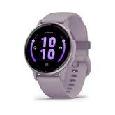 Garmin vívoactive 5 front view showing screen and Orchid case, clear readability benefit