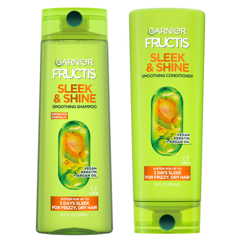 Garnier Fructis front packaging showing full shampoo and conditioner set benefit