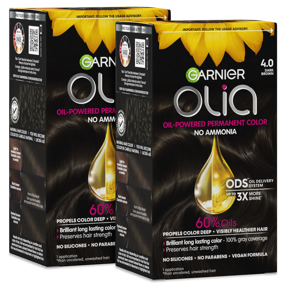 Garnier Olia front box showing shade 4.0 and vegan badge for clear selection benefit