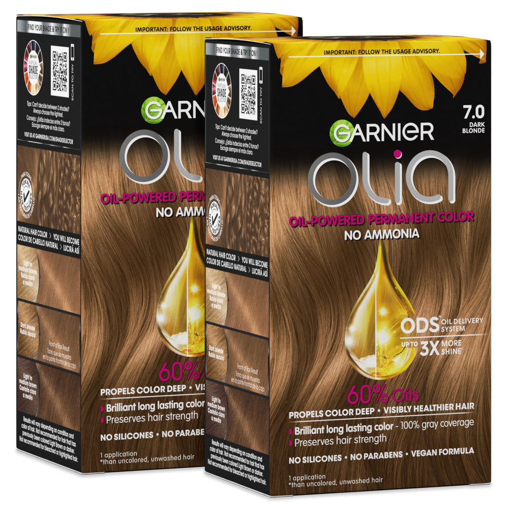 Garnier Olia front packaging showing shade 7.0 and benefits