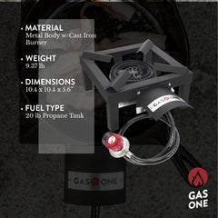 Gas One close-up of cast-iron burner head highlighting even heat distribution benefit