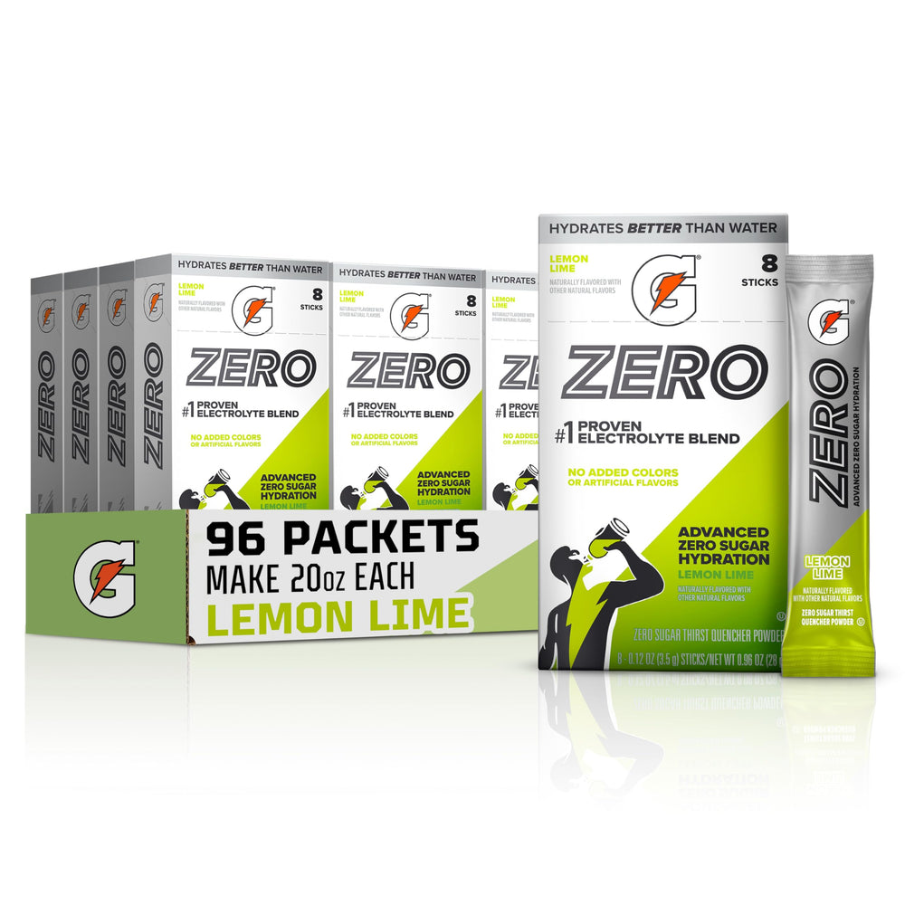 Gatorade front packaging showing lemon lime sticks and count benefits