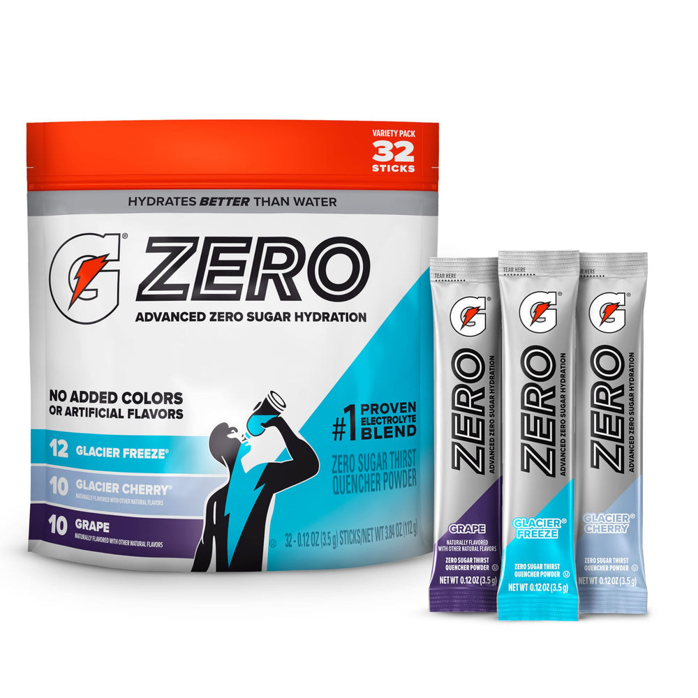 Gatorade Zero front packaging showing 32-stick pouch and flavors for convenient hydration
