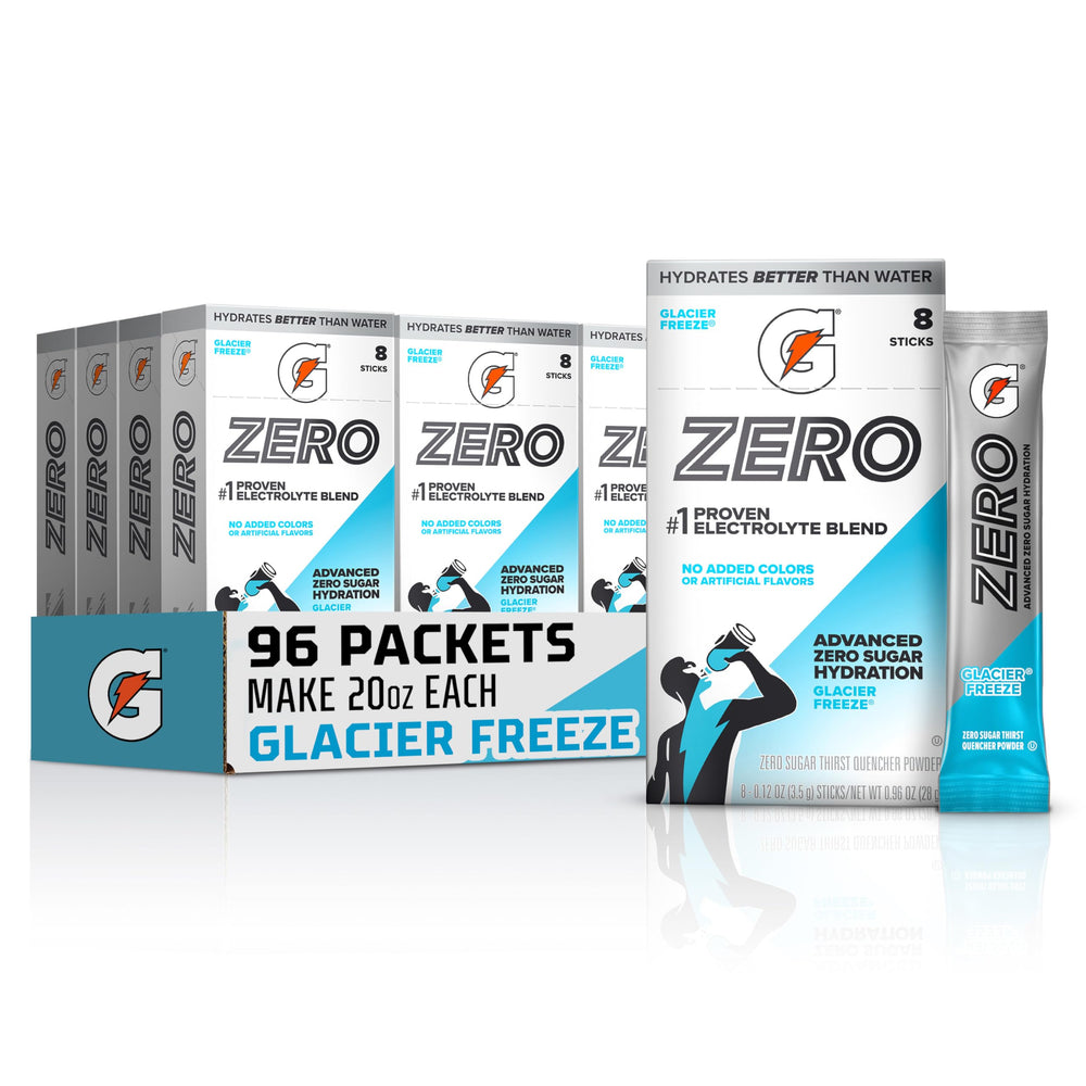 Gatorade Zero front packaging showing Glacier Freeze and 96 sticks for easy hydration