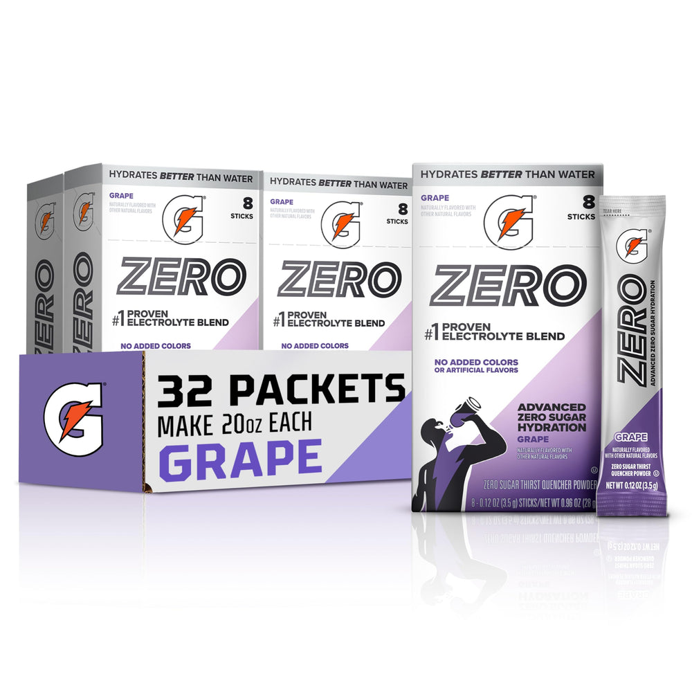 Gatorade front packaging showing grape sticks and servings for easy hydration