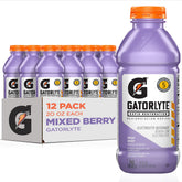 Gatorlyte mixed berry front packaging showing 12 bottles and lower sugar benefit