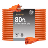 GE 80ft extension cord front view showing orange jacket and grounded outlet benefits visibility