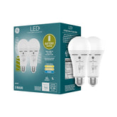 GE A21 front packaging showing two bulbs and benefits for quick purchase