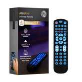 GE remote front view showing full keypad and ergonomic shape for easy control
