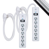 GE front view of two 6-outlet surge protectors showing outlets and cord benefit organized power