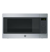 GE front view stainless-steel microwave showing sleek design and durable look