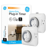 GE mechanical timer front view showing dual grounded outlets and compact design for easy automation