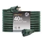 GE extension cord front view showing grounded three-prong outlet and green jacket for safe outdoor power