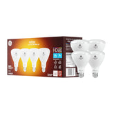 GE brand front packaging of four BR30 bulbs showing product and benefits