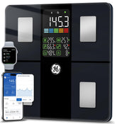 GE smart scale front display showing weight and metrics for quick readings