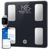 GE smart scale front view with bright LED display showing immediate weight