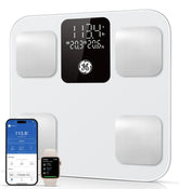 GE smart scale front view showing sleek design and clear LED readout for easier tracking