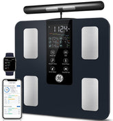 GE smart scale front view showing sleek design and large weighing surface for stable readings
