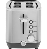 GE toaster front view showing stainless steel finish and slots for fast breakfast