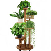 GEEBOBO front view of five tier plant stand showcasing plants and saving floor space