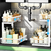 GeeBom front view showing double slide-out shelves and neat organization benefit
