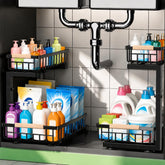 GeeBom front view of under sink organizer showing clean storage benefit
