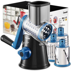 Geedel rotary cheese grater front view showing ergonomic handle and suction base benefit quick prep