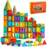Gemmicc front packaging of 136-piece deluxe magnetic tiles set showing contents and benefits