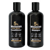 Generic front packaging showing minoxidil shampoo and conditioner promoting fuller-looking hair