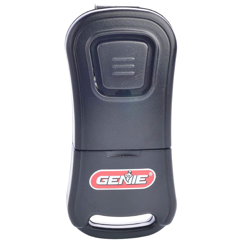 Genie remote front view showing compact design and one-button ease