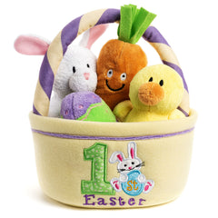 Genius Baby Toys top-down layout of basket and four plush toys highlighting contents
