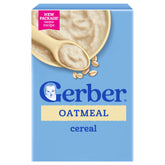 Gerber front packaging showing stage 1 oatmeal and non‑GMO benefit
