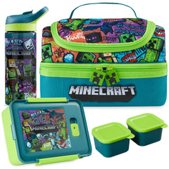 Get Trend lunch set front view showing Minecraft print and carry handle for fun transport