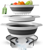 Gevoli front view showing three colanders stacked and ready with space-saving benefit