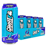 GHOST blue raspberry front packaging showing 16oz can and bold branding benefit visible