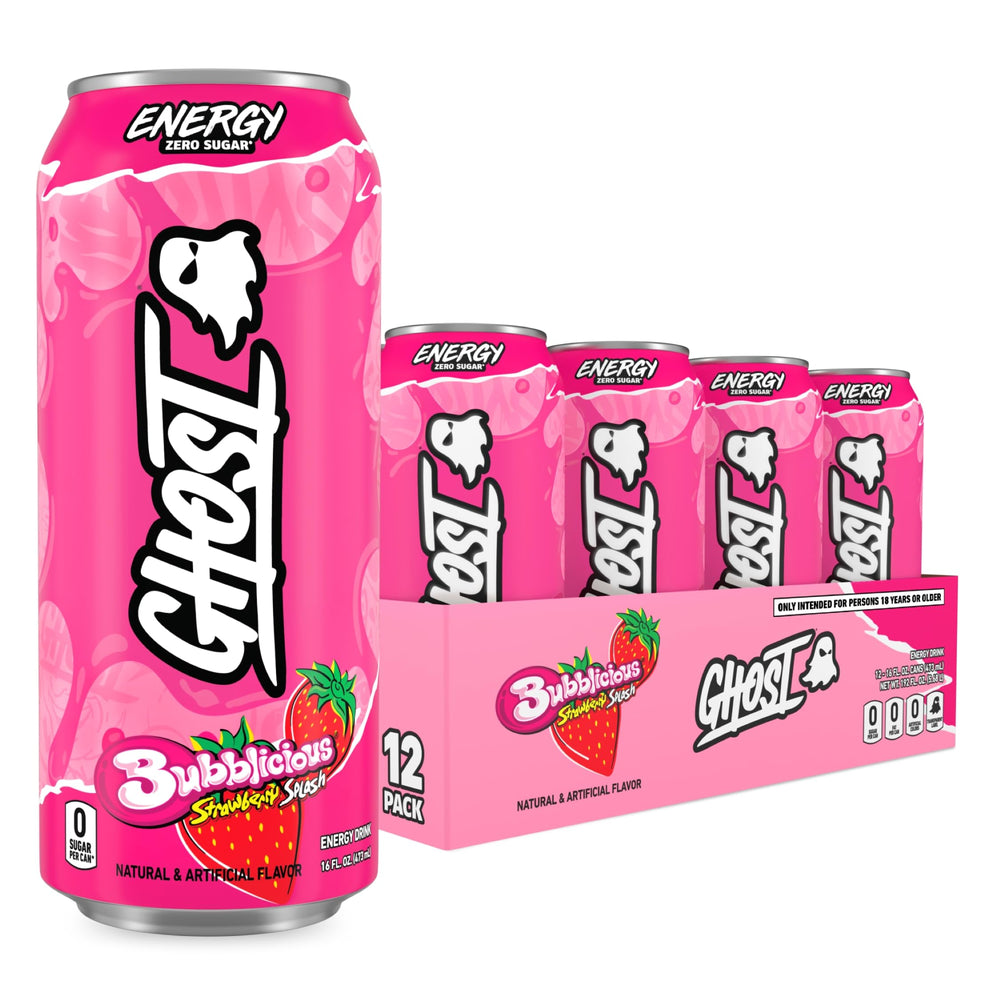 GHOST Bubblicious front packaging showing 16oz can and 12-pack convenience