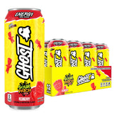 GHOST front view can showing Sour Patch Kids Redberry flavor and vibrant packaging benefit energy