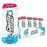 GHOST 'Merica Pop front packaging showing 12-pack and patriotic design, clear ingredient benefit